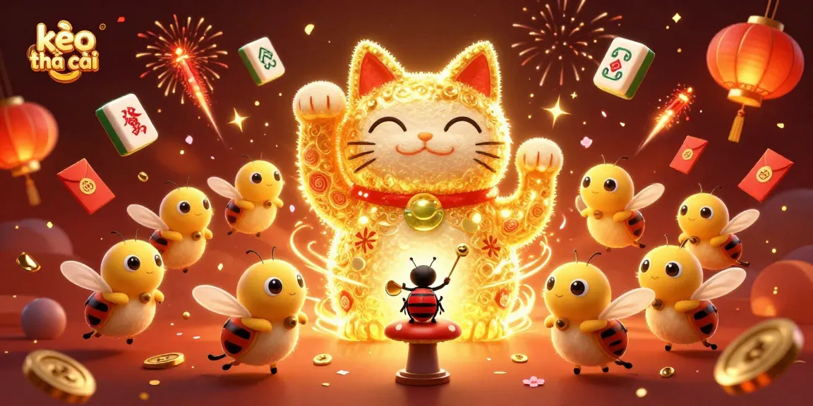 Catch exciting kèo nhà cái with a stunning 3D scene featuring a lucky cat and casino symbols.