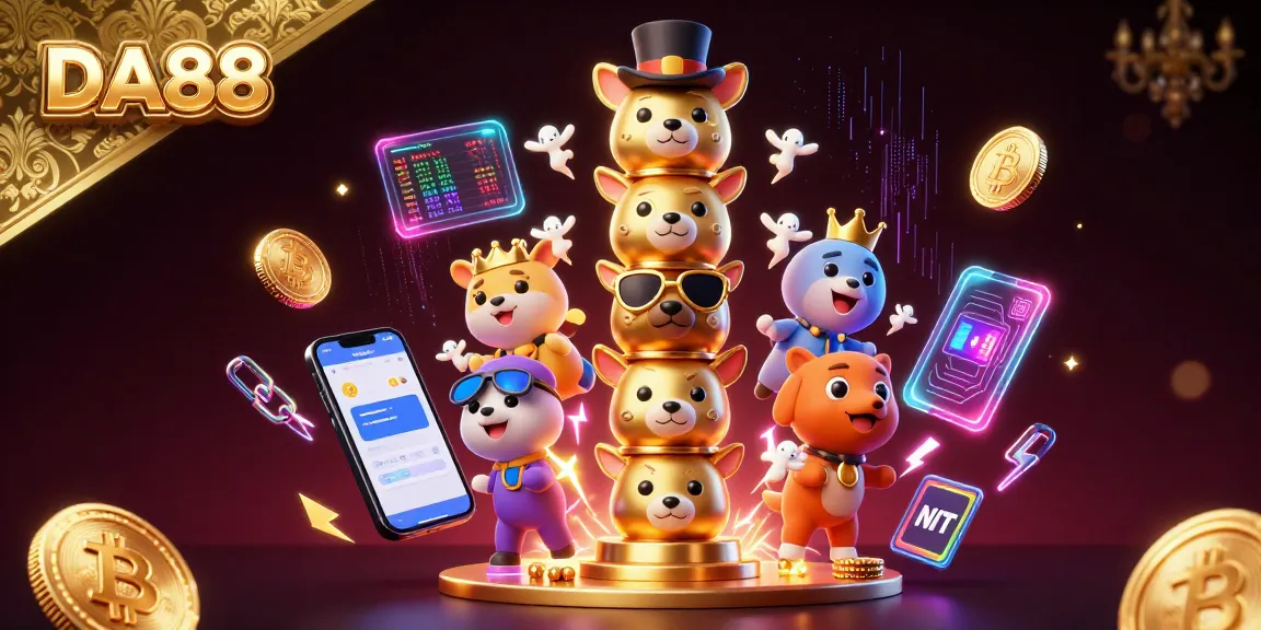 Engage with DA88's vibrant world of crypto casino gaming featuring a golden totem pole and neon elements.