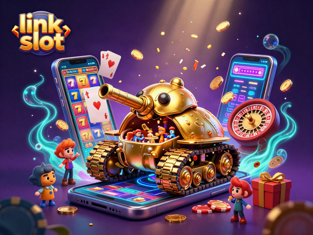 Engage with link slot gameplay featuring a dynamic 3D golden beetle tank revealing a miniature casino.