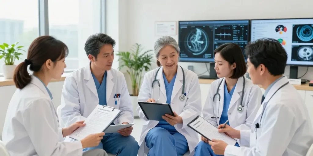 Team of specialists discussing esophageal cancer treatment in a modern healthcare setting.