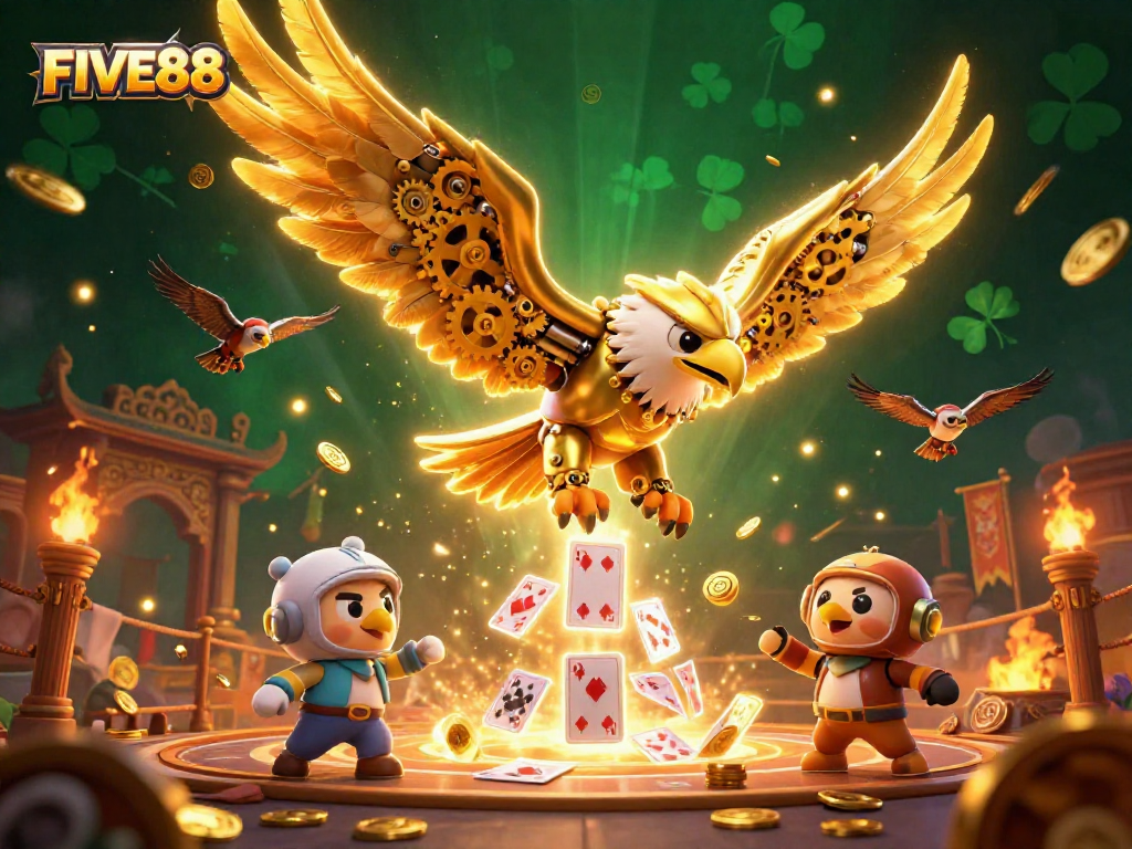 Engage with FIVE88 in an electrifying casino scene featuring a golden eagle and holographic cards.