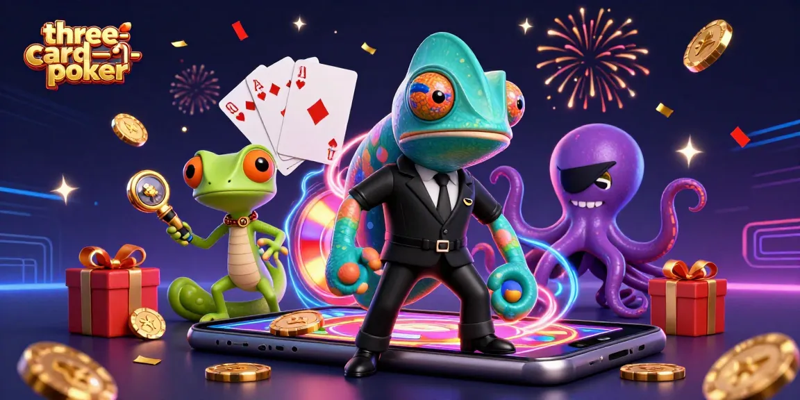 Engage in three-card-poker action as a chameleon, gecko, and octopus celebrate winnings.