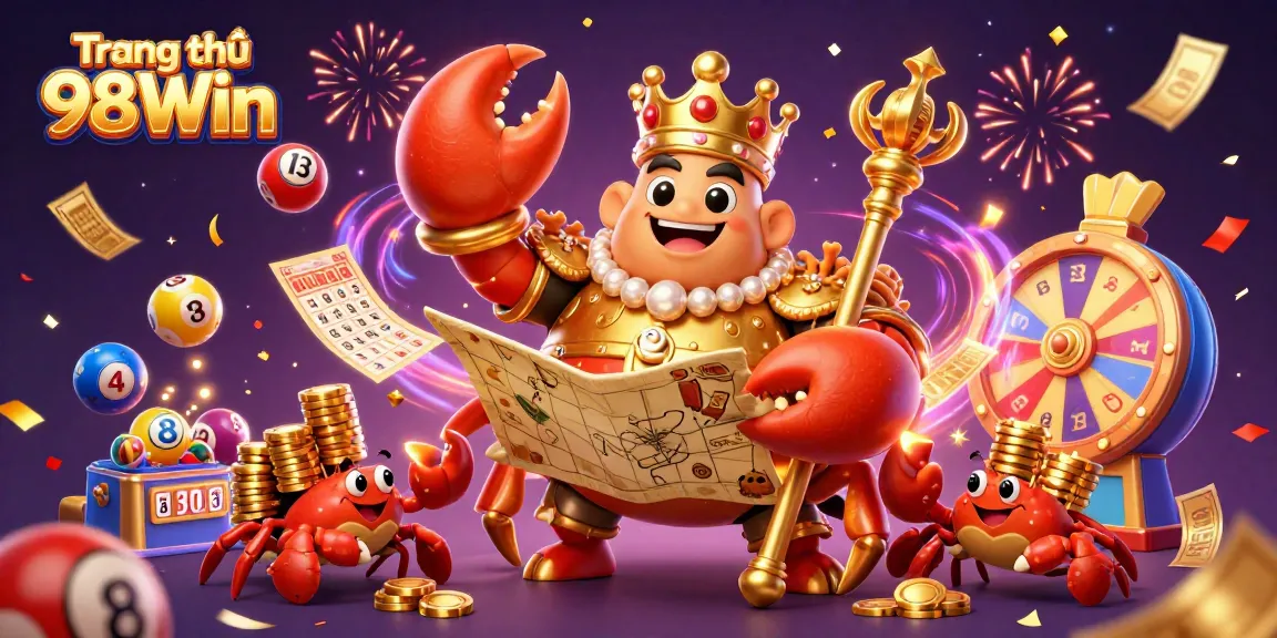 Join the excitement at Trang chủ 98Win with vibrant lottery elements and a golden crab emperor.
