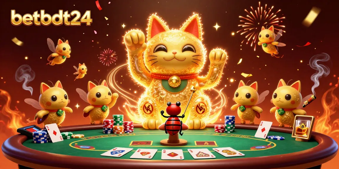 Experience the excitement of betbdt24 with a vibrant illustration featuring lucky symbols and dynamic poker elements.