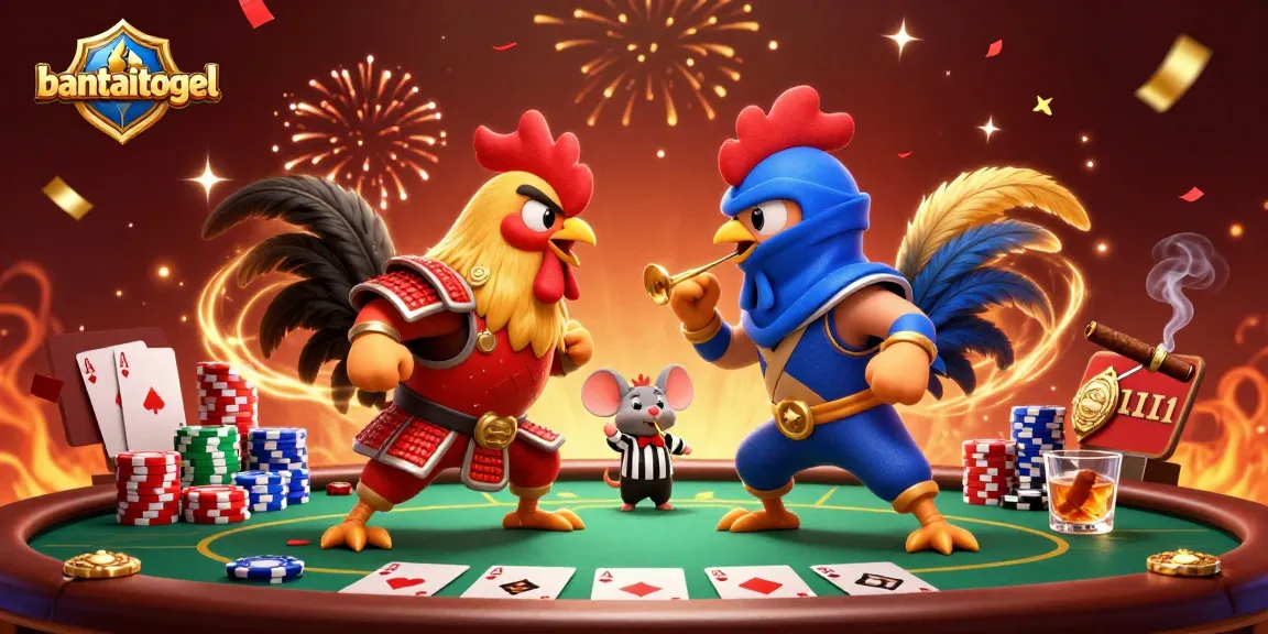 Bermain di bantaitogel dengan ayam petarung, chip poker, dan suasana kasino yang meriah.
