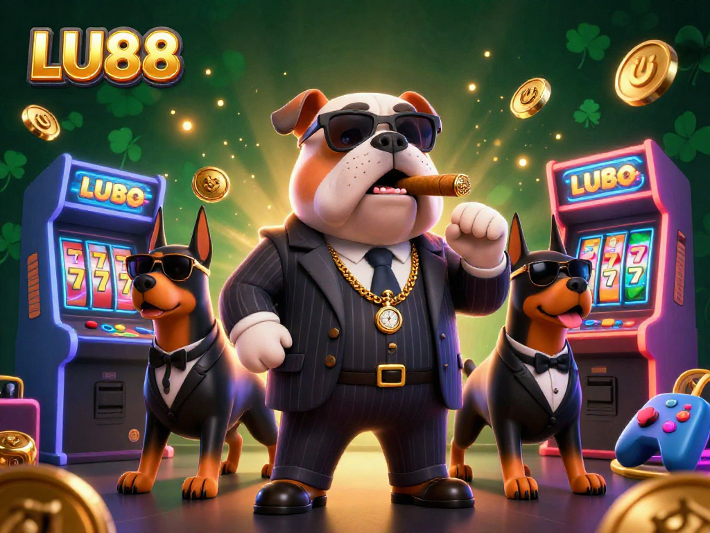 LU88 showcases a vibrant casino scene with a mafia boss bulldog and dynamic game elements.