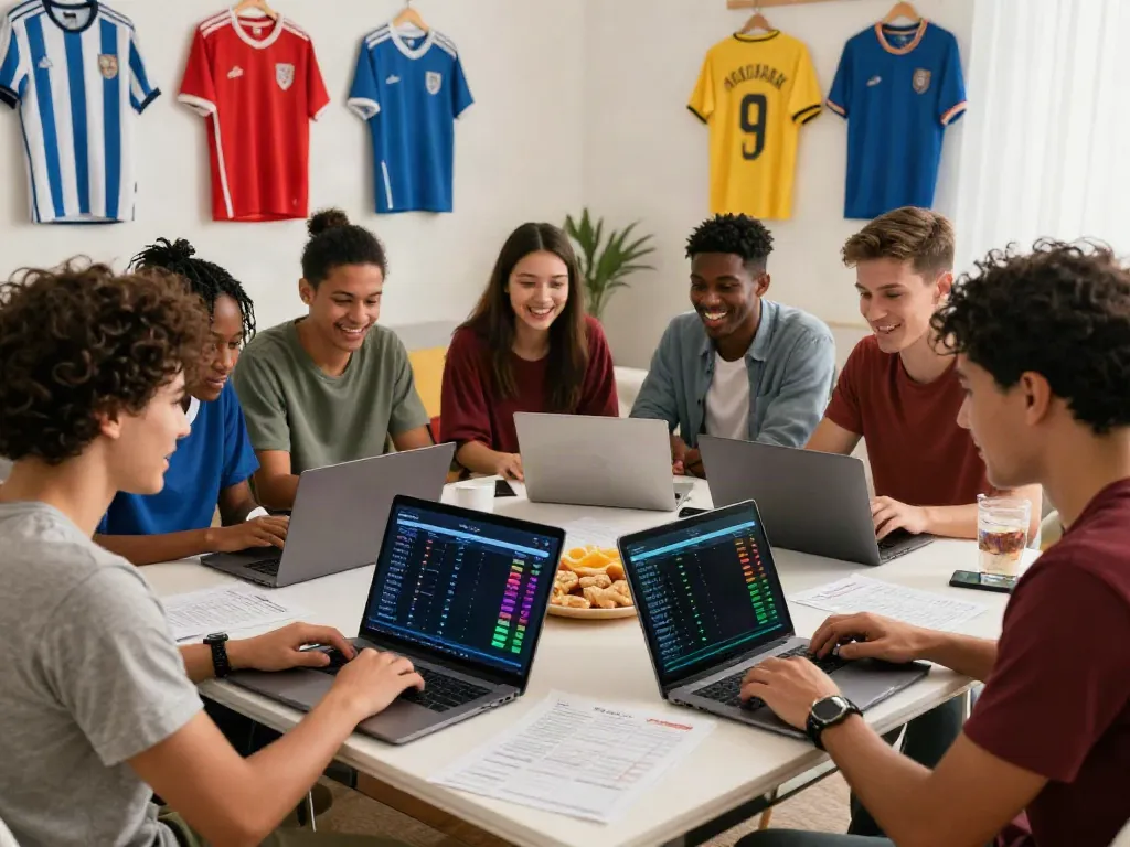 Group of friends discussing WWBOLA betting odds on laptops in a cozy setting.