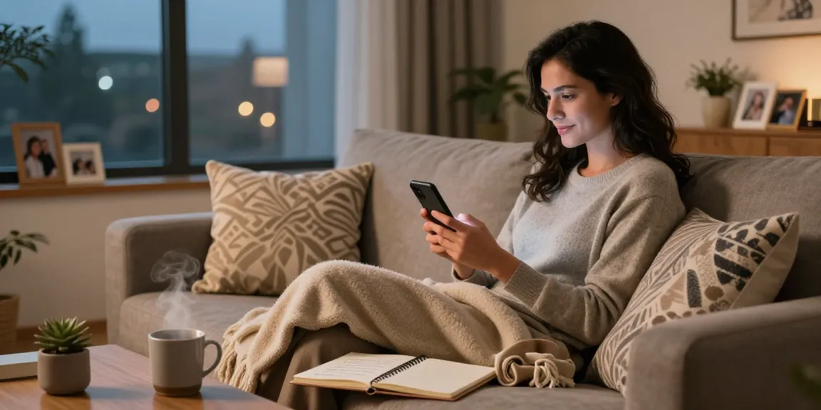 Woman using HundRoses dating app while enjoying a cozy evening at home, seeking meaningful connections in dating.