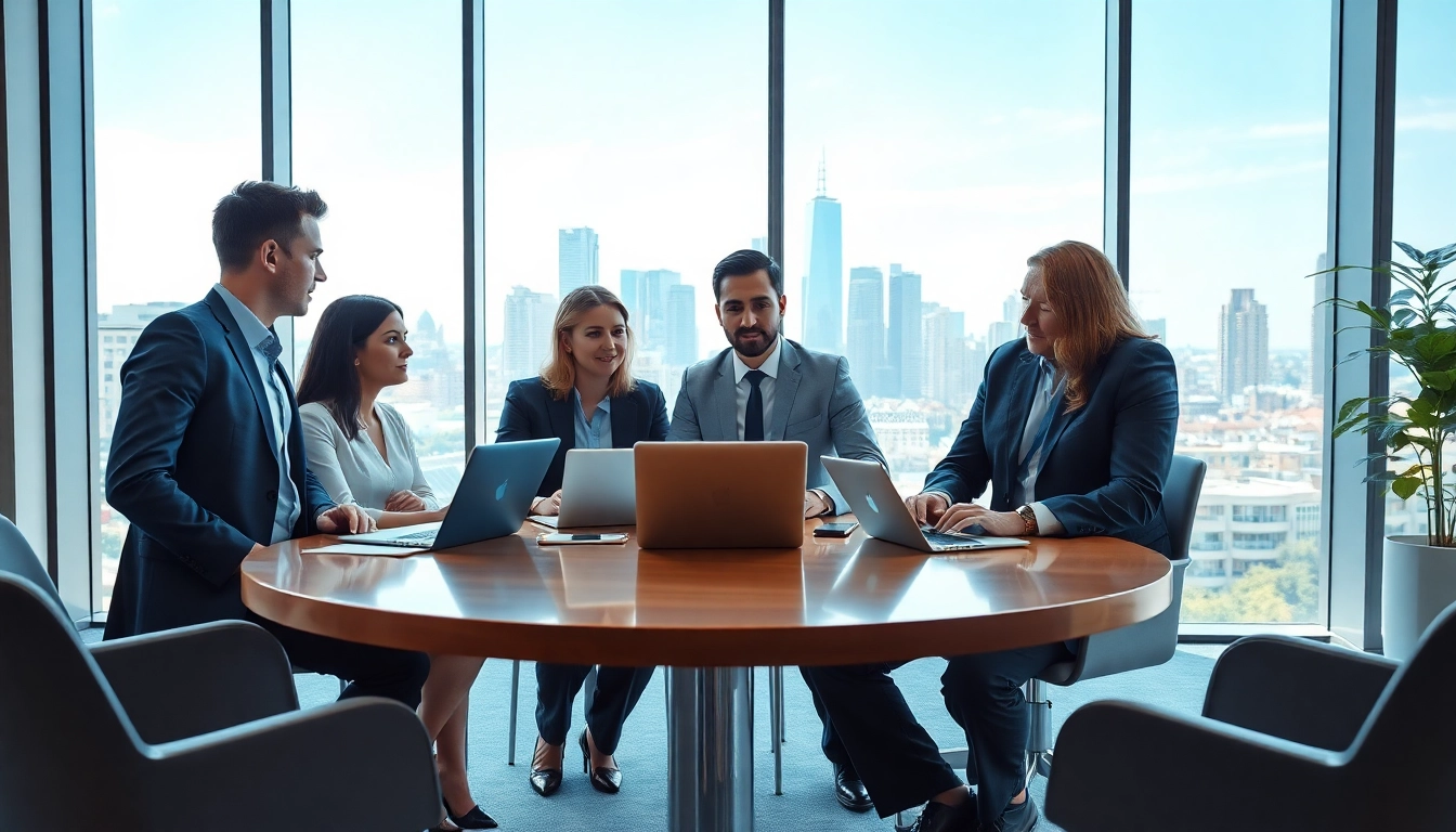 Engaged business professionals review business mobile contracts UK in modern office.
