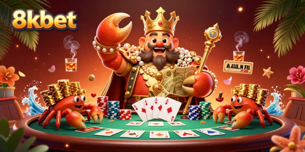 Experience the excitement of 8kbet with a vibrant 3D casino scene featuring a golden crab emperor and poker elements.