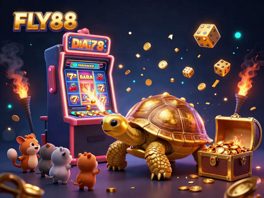 Spin and win at FLY88 with a vibrant 3D illustration showcasing a colossal tortoise casino game bursting with excitement.