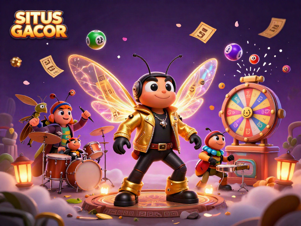 SITUS GACOR showcases a dazzling 3D casino scene featuring vibrant lottery elements and engaging characters.