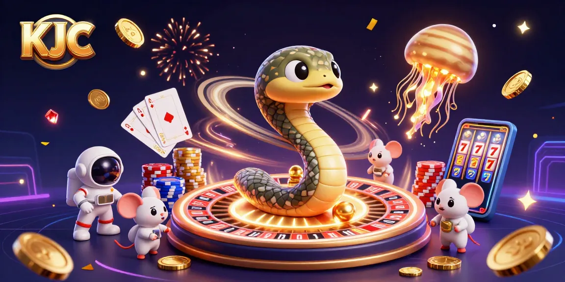Engage in thrilling betting at KJC with a vibrant cosmic casino scene featuring animated characters and dazzling game elements.