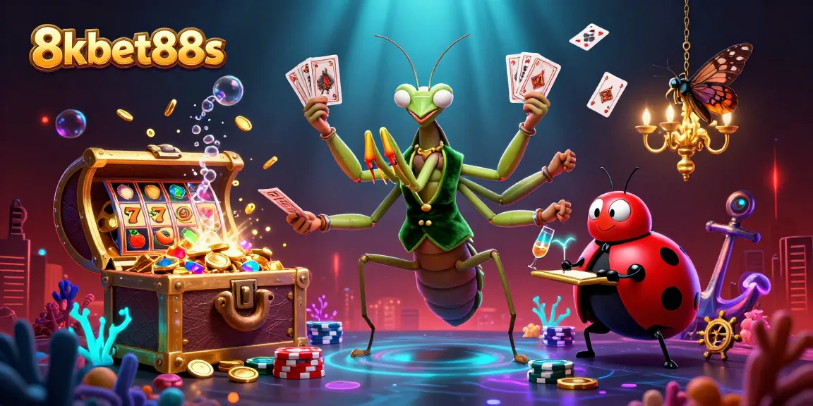 8kbet88s showcases a dynamic gambling scene with a vibrant 3D casino illustration featuring card games.