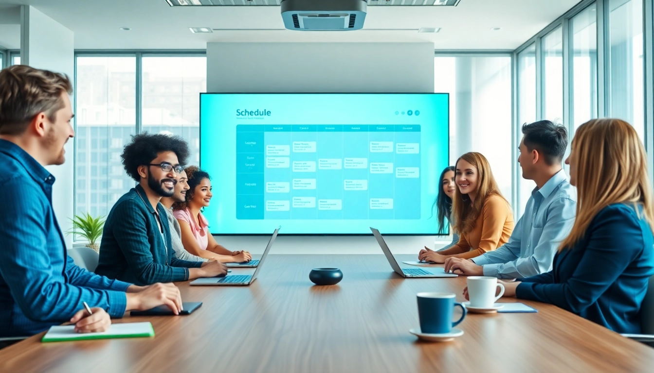 Utilize the never miss a meeting scheduling tool for effective team collaboration in a bright office.