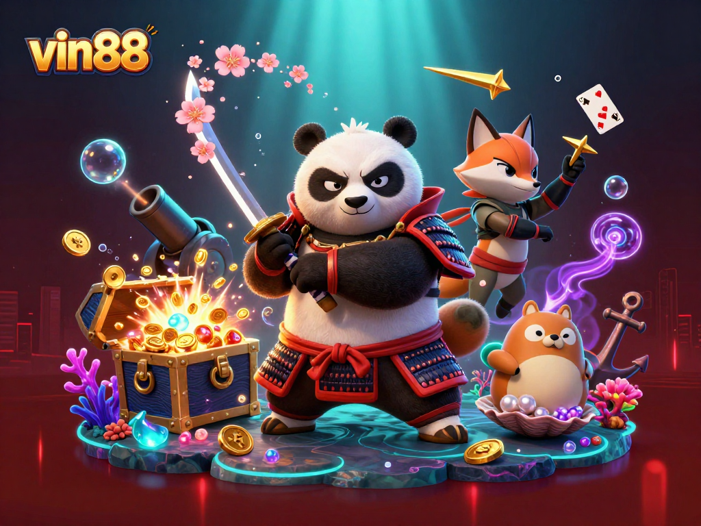 Spin to win with vin88 as the samurai panda battles for treasure in a vibrant casino scene.