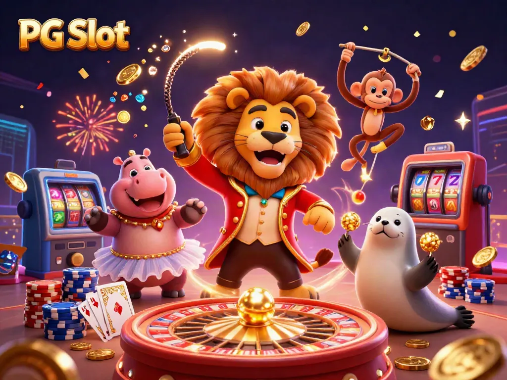 Engage in PG Slot action with a vibrant scene of circus characters surrounded by colorful casino elements.