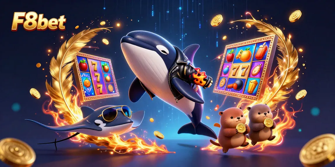 F8bet showcases thrilling casino adventures with vibrant slot reels and dynamic characters.