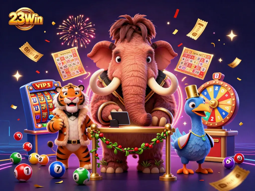 Engage in thrilling 23Win casino action with a colorful illustration of characters celebrating with slot elements, tickets, and more.