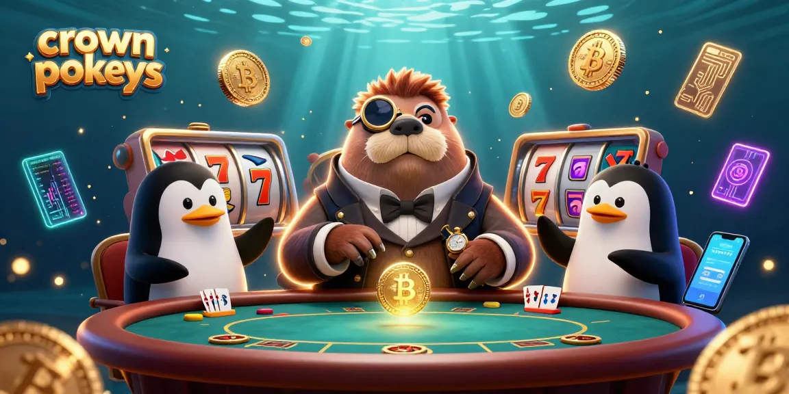 Spin crown pokies with a jolly walrus and a penguin dealer in a vibrant underwater casino scene.