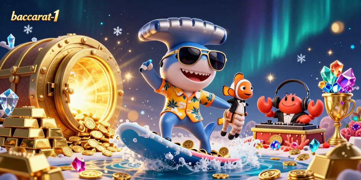 Experience thrilling baccarat-1 action with a shark and crab in a gold-filled ocean scene.