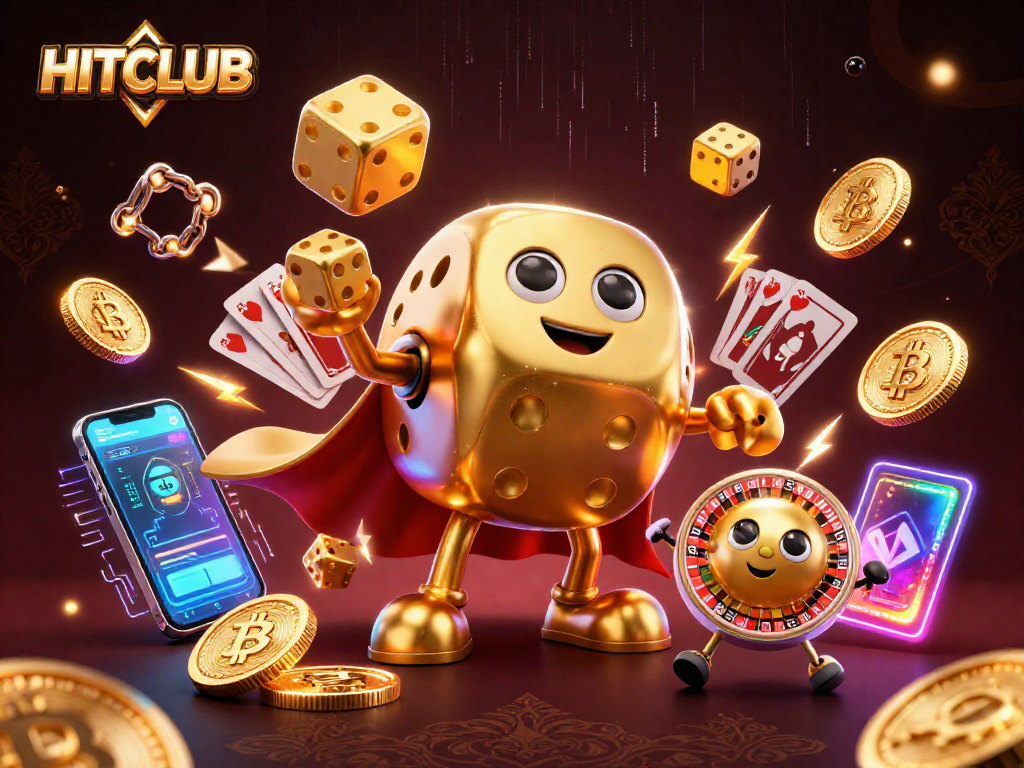 HITCLUB showcases a lively casino scene featuring a golden dice golem and crypto elements.
