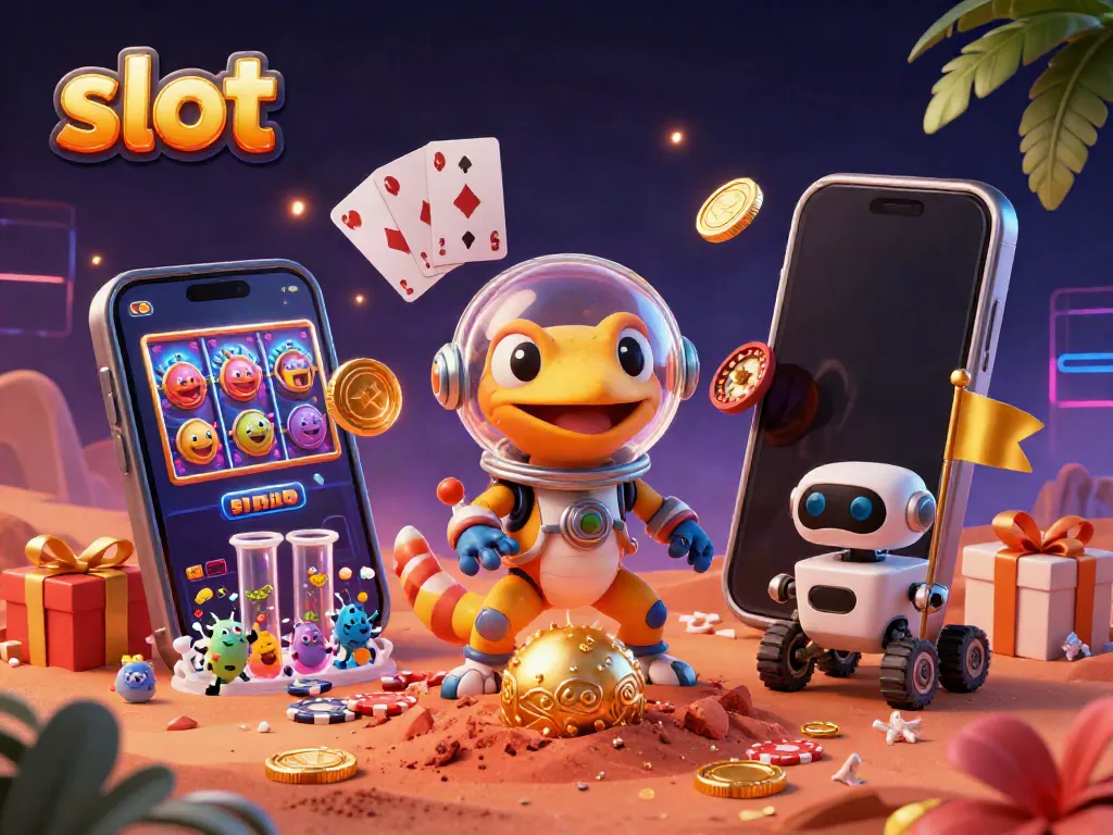 Engage with slot gameplay through a whimsical Martian scene featuring a gecko and casino treasures