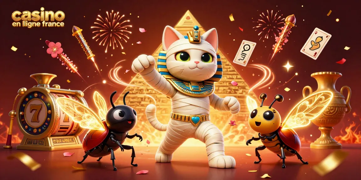 Plongez dans le monde du casino en ligne France avec un chat momie égyptien explosant d'un sarcophage doré.