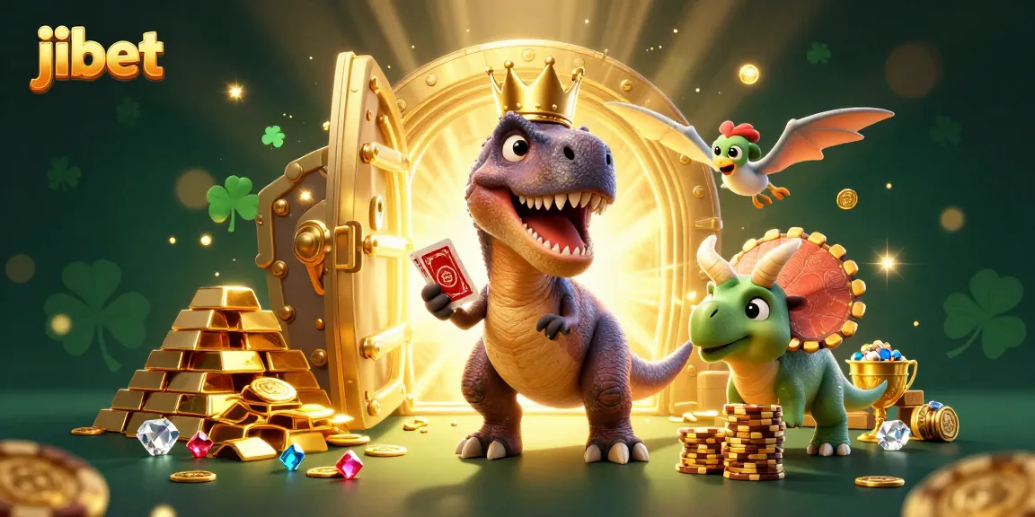 Engage in thrilling gameplay at jibet with a vibrant illustration featuring a friendly T-Rex shuffling cards and a captivated pterodactyl.