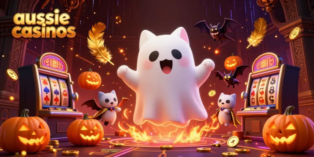 Aussie casinos scene with a friendly ghost cat, glowing jack-o-lanterns, and dynamic slot elements.