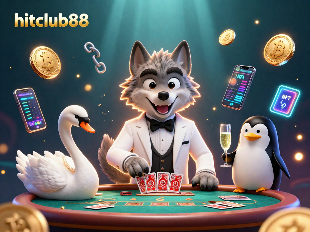 hitclub88 offers a vibrant, immersive 3D scene with animated casino characters enjoying a baccarat game.