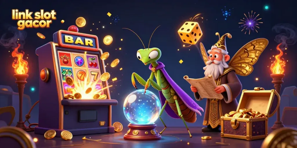 Engage with link slot gacor through a vibrant 3D casino art scene with dynamic characters and elements.