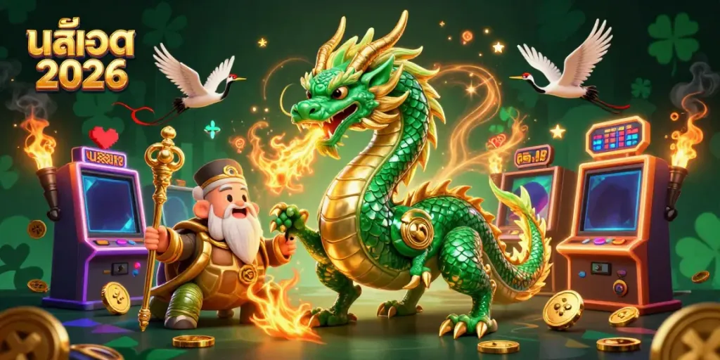 Experience สล็อต 2026 with a vibrant 3D illustration featuring mythical creatures and engaging game elements.