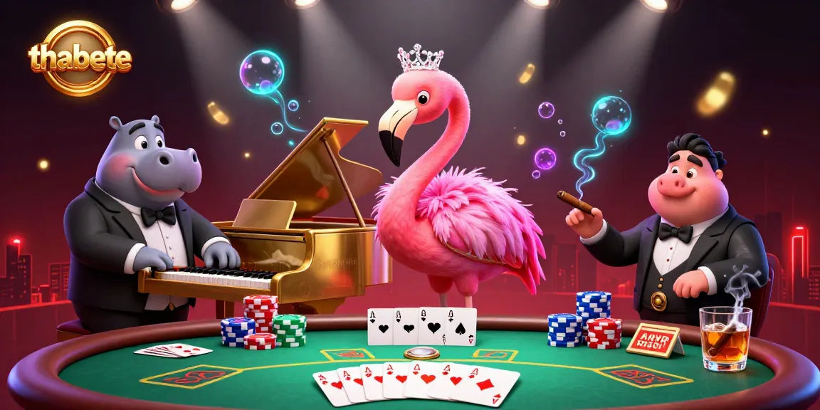 Engage with thabete's dynamic casino scene featuring a vibrant flamingo singer and hippo bassist at the poker table.