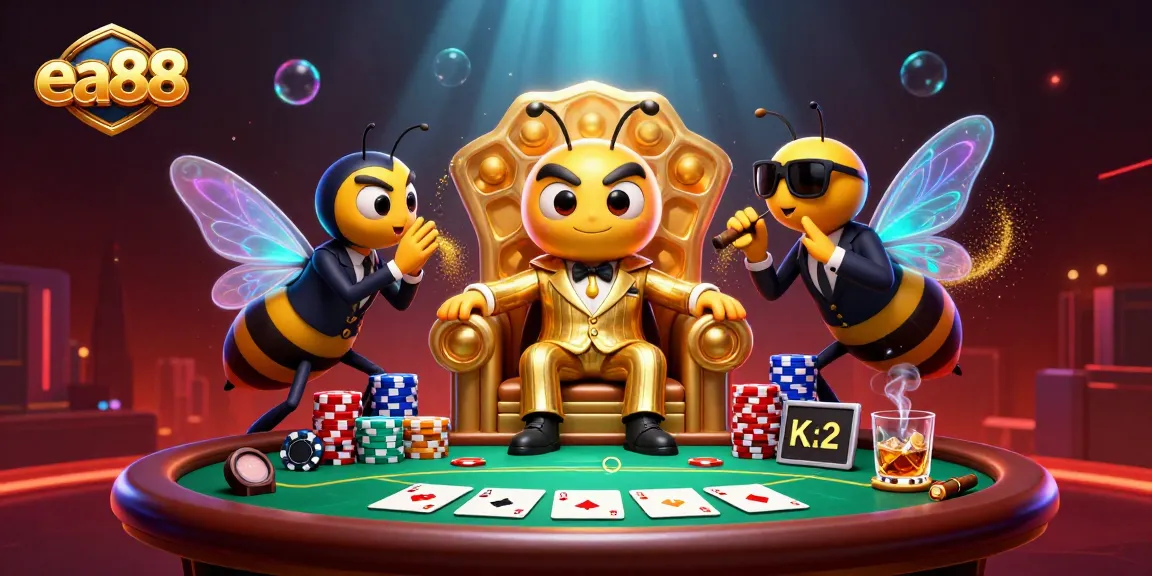 ea88 poker scene with a bumblebee mob boss in a honeycomb throne room, showcasing vibrant card action