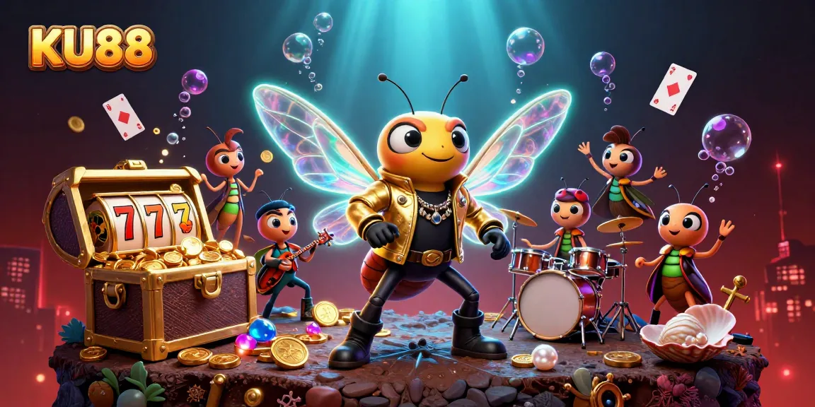 Engage with KU88 in vibrant casino-themed art featuring a rock star cicada and slot reels.