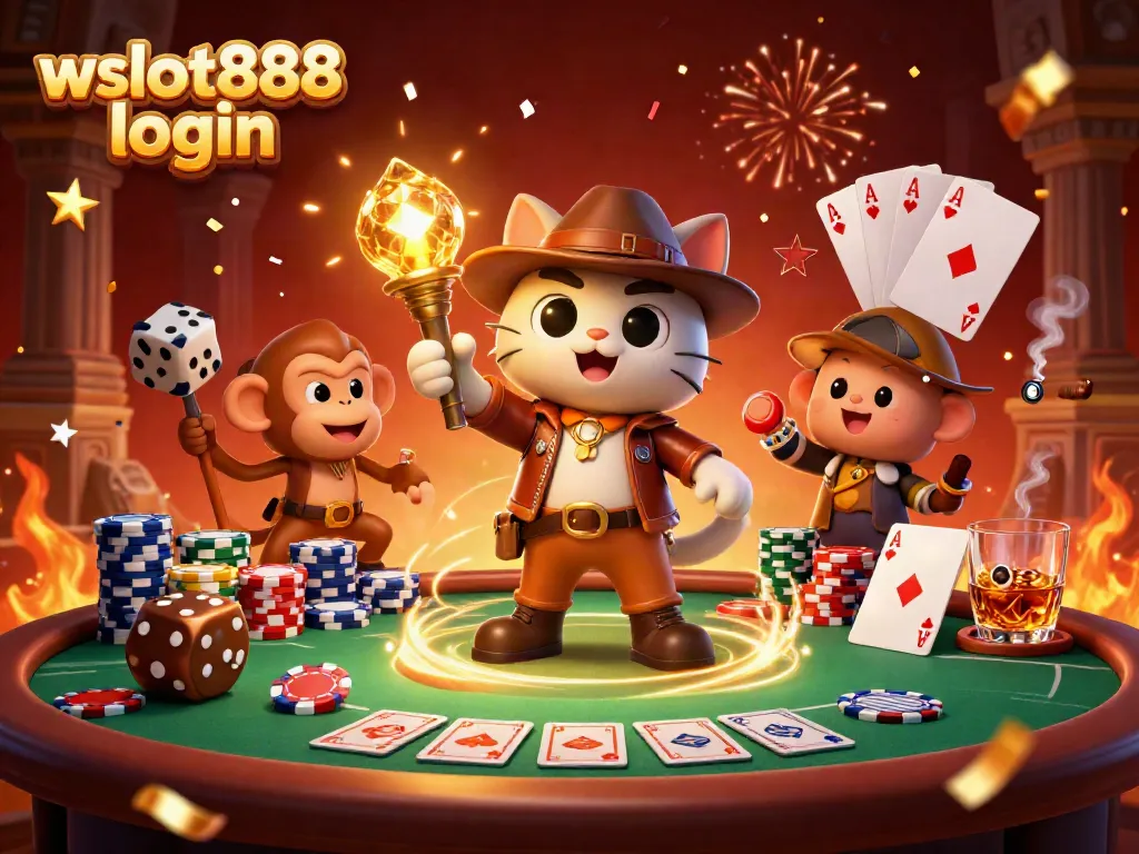 Mengakses wslot888 login sambil menikmati permainan kasino dengan kucing arkeolog 3D dan teman monyetnya.