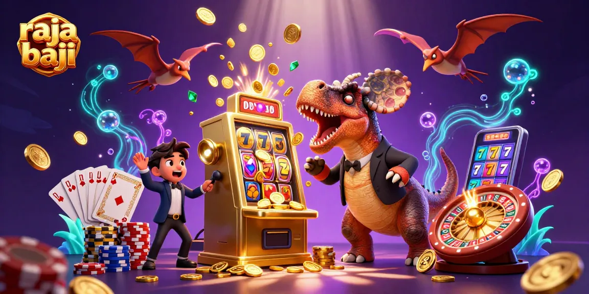 Raja Baji animated scene of a pachycephalosaurus hitting a slot machine for jackpot coins.