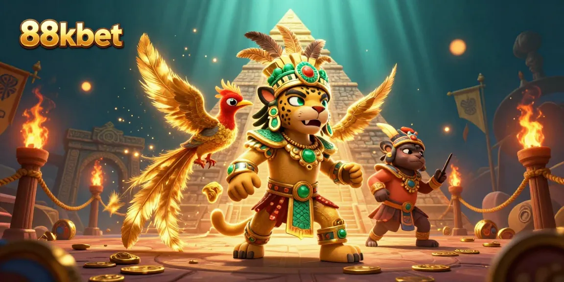 Experience dynamic gambling action at 88kbet featuring a 3D Mayan jaguar priest and quetzal bird.