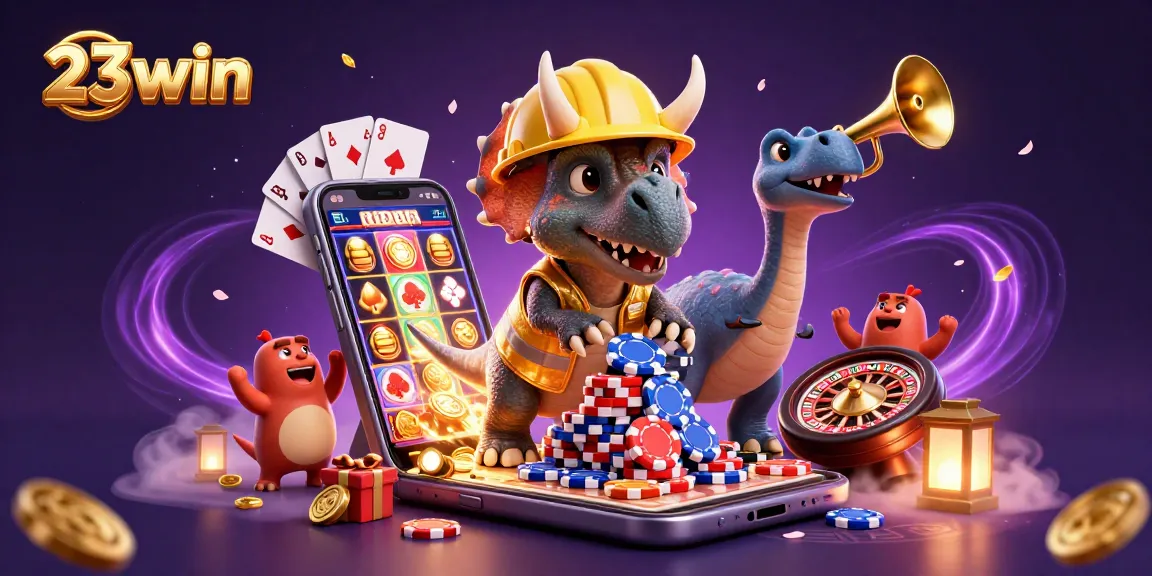 Experience the thrill of 23win with lively characters building poker chips and gaming elements.