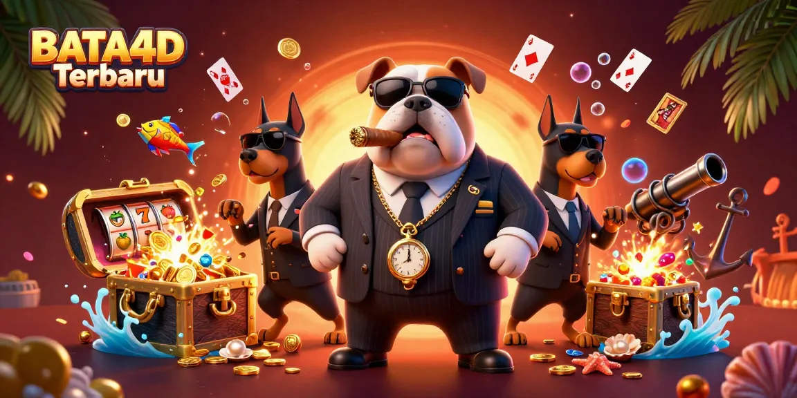 BATA4D Terbaru features a mafia-style bulldog and Doberman bodyguards amidst a vibrant casino scene packed with slot reels.
