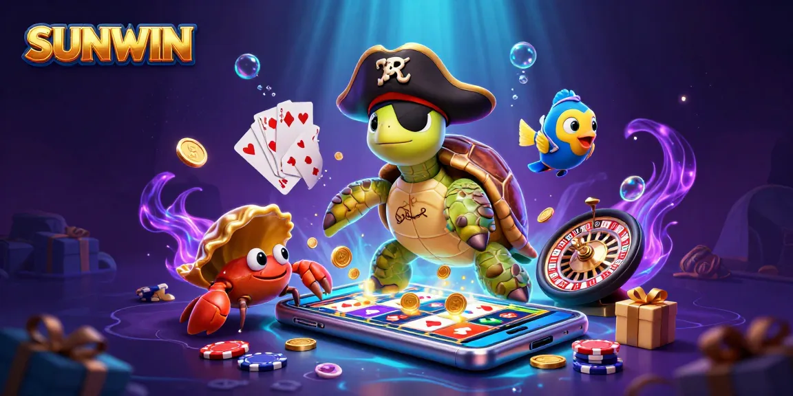 SUNWIN pirate turtle and friends celebrating slot game victories with treasures and vibrant colors
