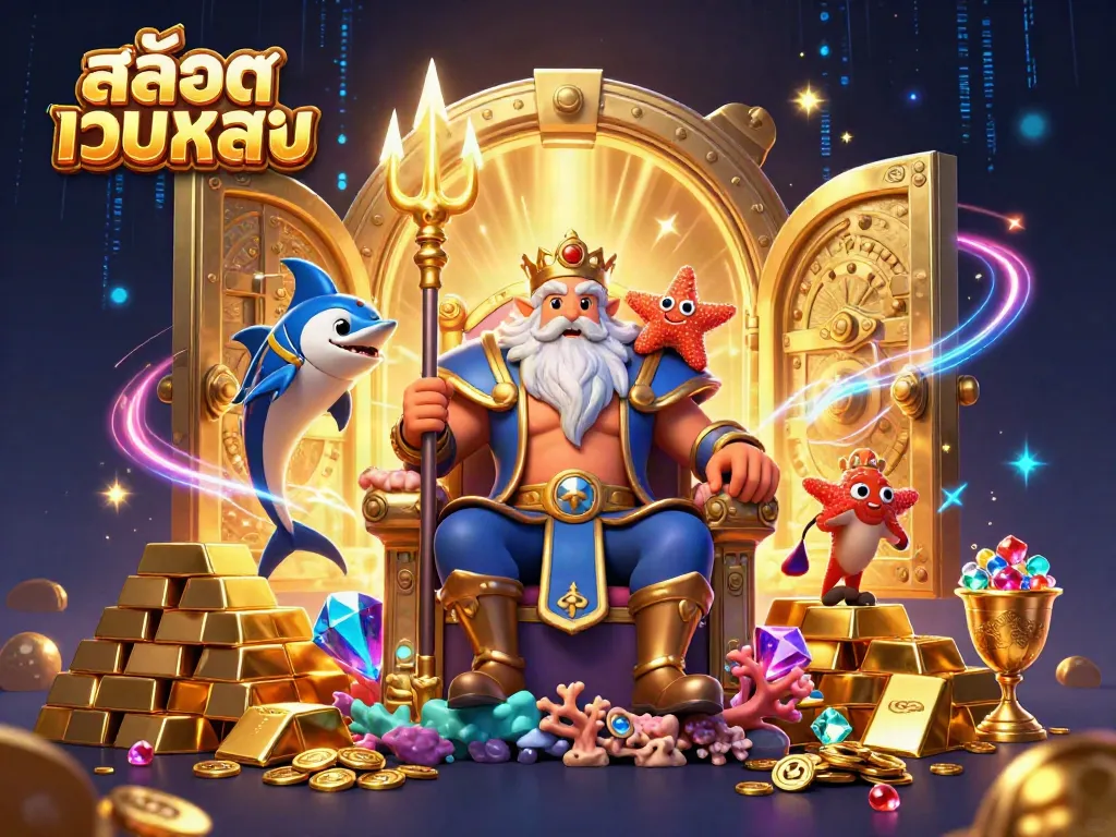 Experience สล็อตเว็บตรง action with Neptune, a samurai, and treasures in a vibrant casino scene.