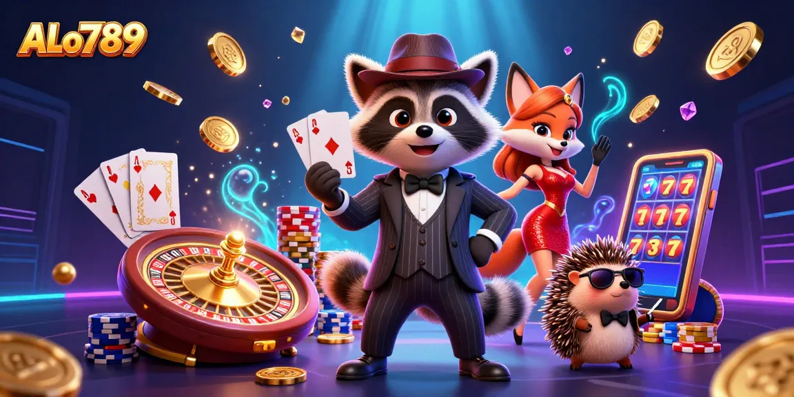 Experience ALo789's thrilling world of gambling in a vibrant 3D casino illustration with exciting characters.