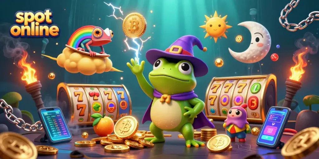 Menangkan slot online dengan karakter kartun yang menyenangkan, dikelilingi koin emas dan simbol menarik.