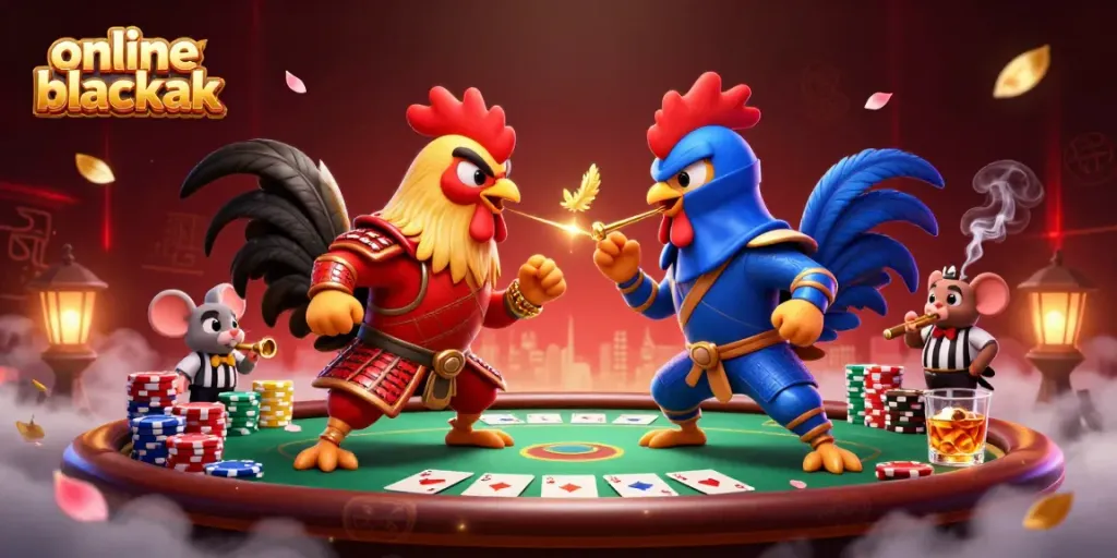 Experience thrilling online blackjack action with animated roosters in a vibrant casino setting.