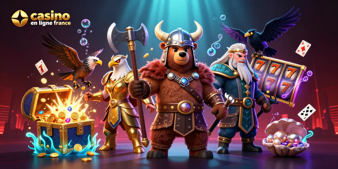 Illustrez l'excitation des jeux avec ce casino en ligne France mettant en scène un ours viking et un aigle valkyrie.