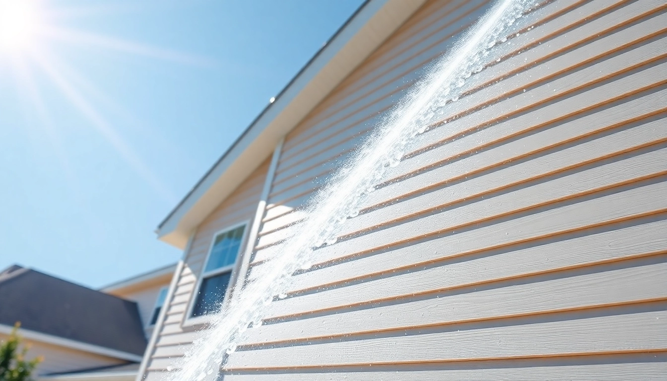 House Washing service cleaning home exterior with water jets for a spotless finish.