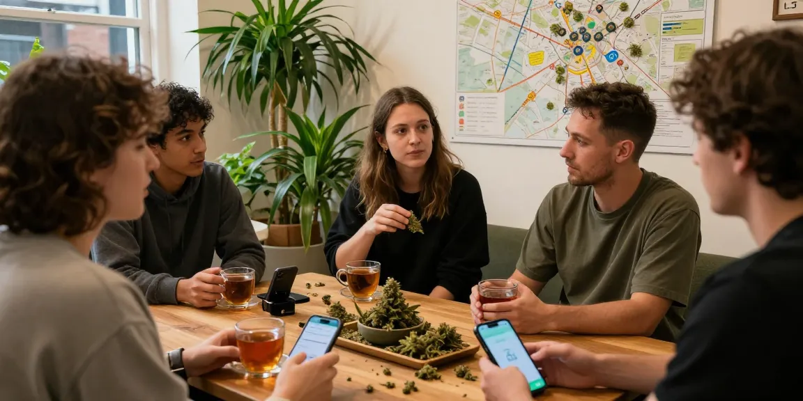 Engaged cannabis community in a cozy space discussing news through weed telegram london.