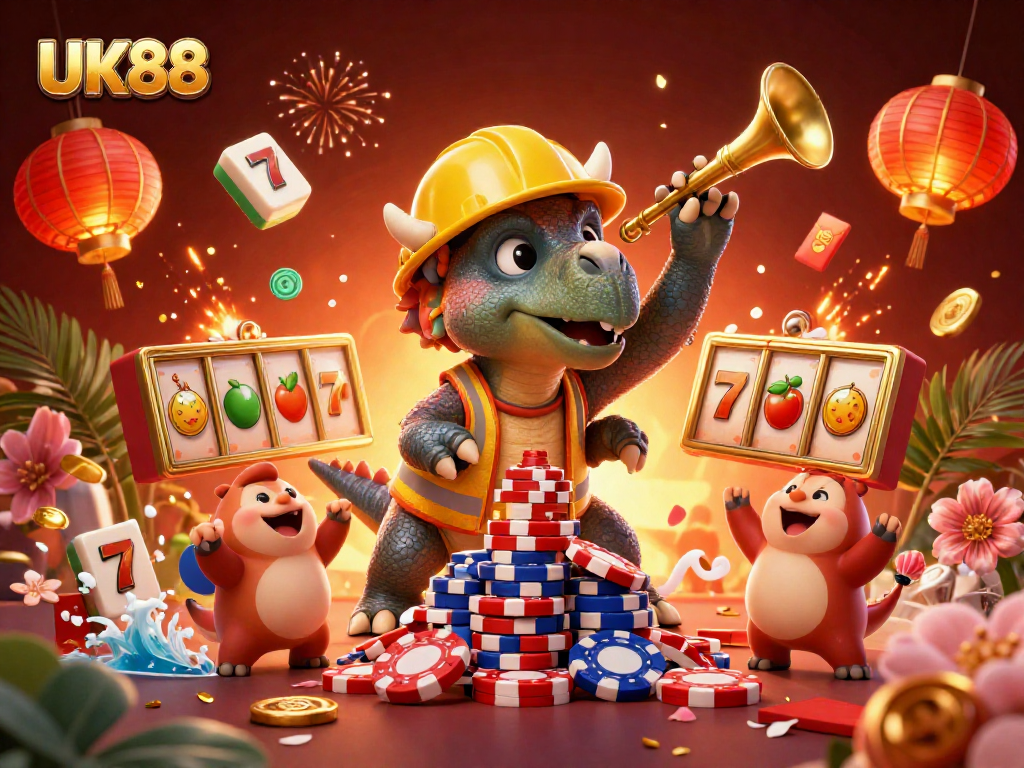 Engage with UK88 as a triceratops builds poker chip pyramids amidst vibrant casino themes.
